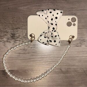 Polka Dot Bow Phone Case with Pearl Strap